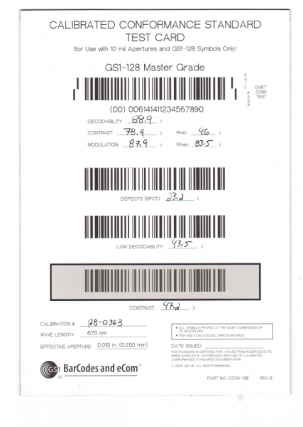 Kalibrierte Testkarte für GS1 128